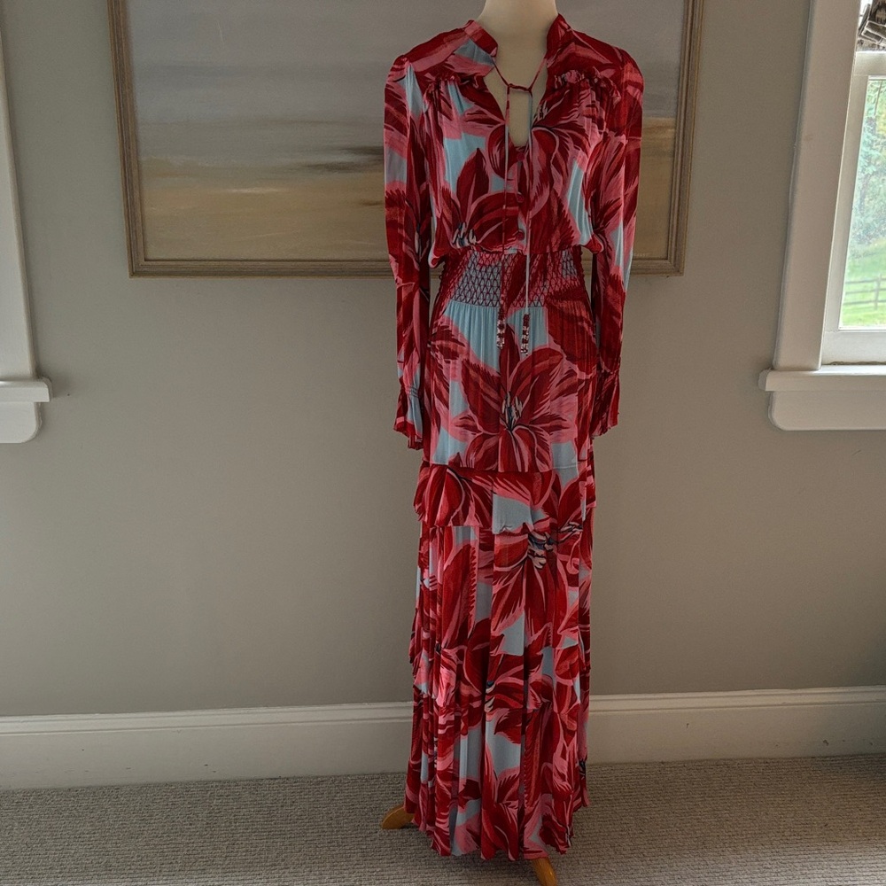 FARM Rio Red and Blue Floral Long Sleeve Dress